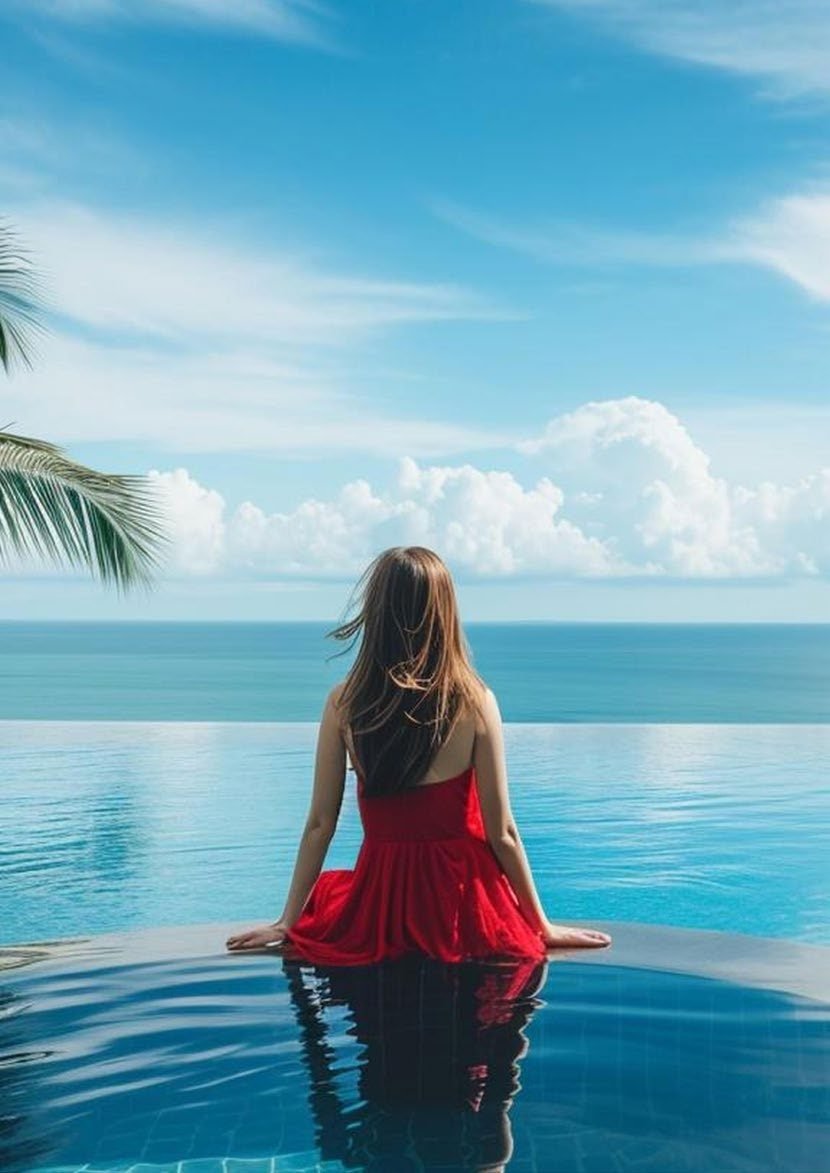Guest at the edge of an infinity pool overlooking the ocean