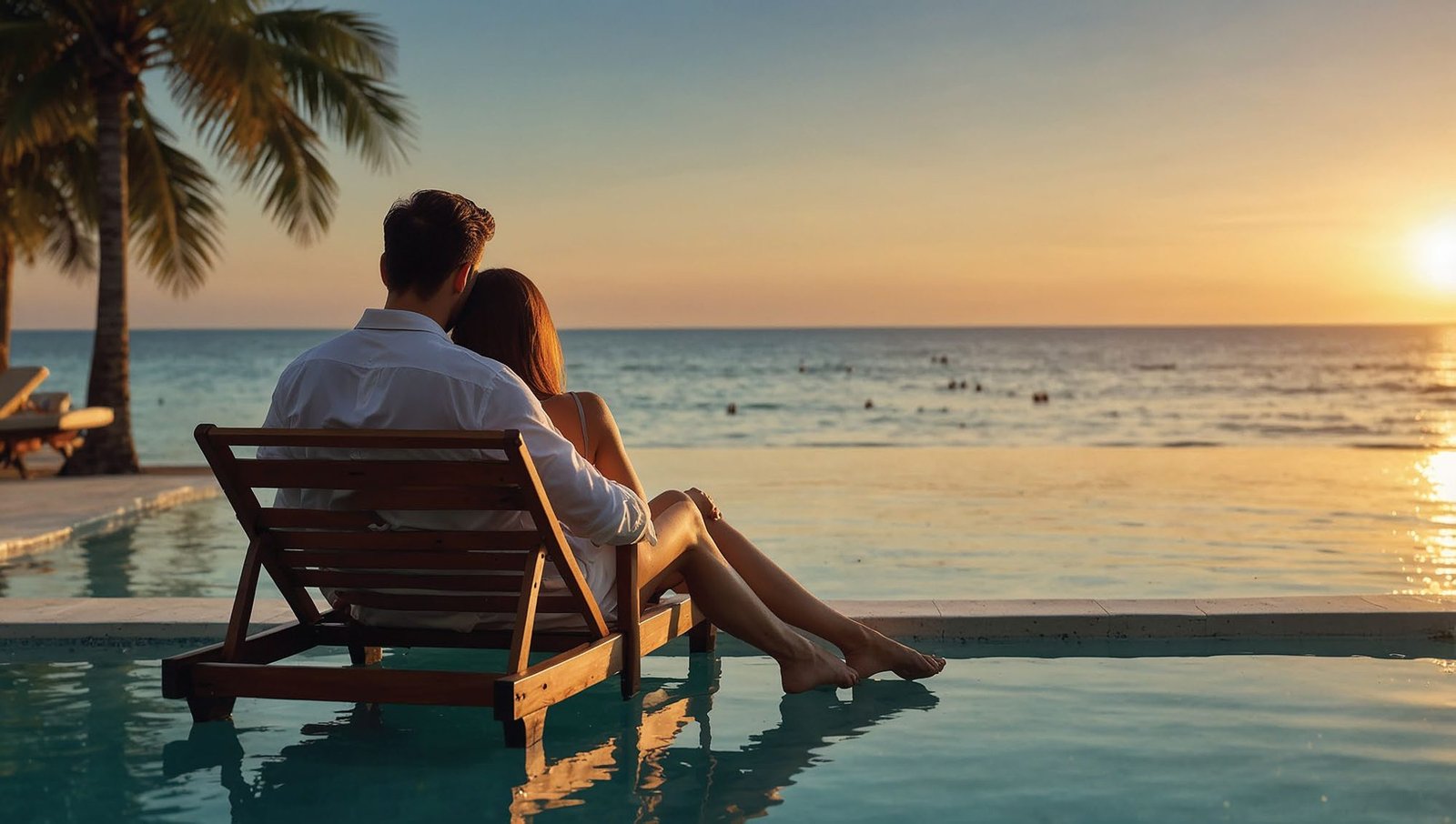 Couple dining on the beach at sunset in the Maldives